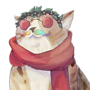 a cat wearing red sunglasses, a red scarf, a rainbow false moustache, and a flower wreath